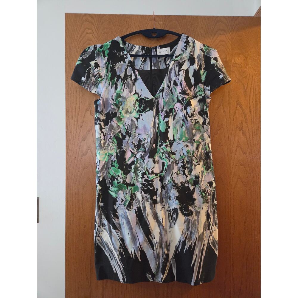 Milly Abstract Artistic V Neck Chloe Dress Black  Multicolor Brush Stroke EUC 10